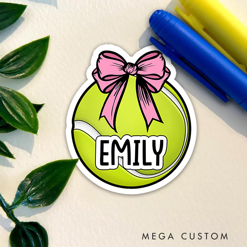 Personalized Tennis Ball Sticker Cute Pink Bow with Custom Name  