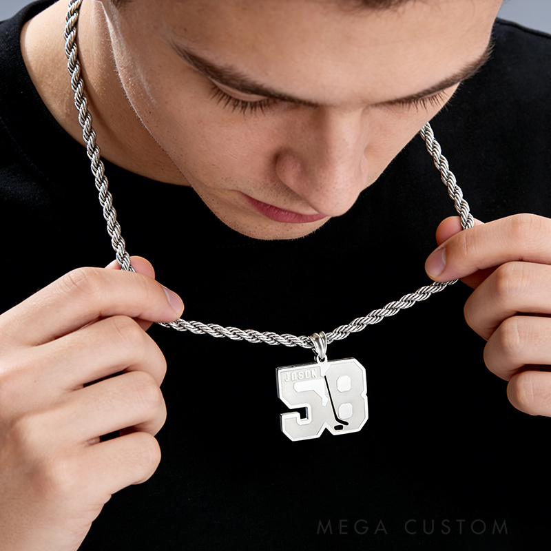 Personalized Ice Hockey Necklace with Engraved Name Number Match Day Birthday Gift for Ice Hockey Players Sport Lovers