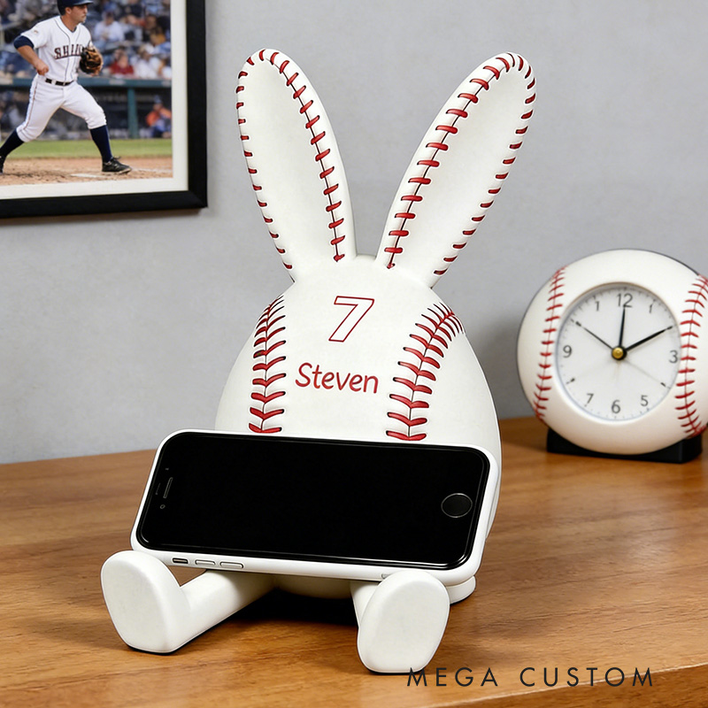 Personalized Baseball Bunny Phone Stand 3D Printed Easter Bunny Gift for Baseball Lovers