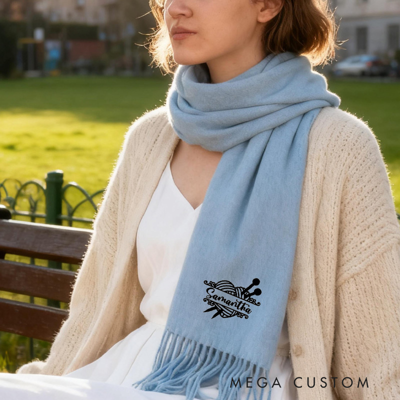 Personalized Super Soft Warm Scarf with Embroidered Knitting Yarn and Custom Name Gift For Knitting Lovers