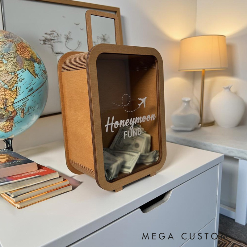 Personalized Honeymoon Fund Box Wooden Suitcase Money Bank Newlywed Travel Bridal Shower Gift