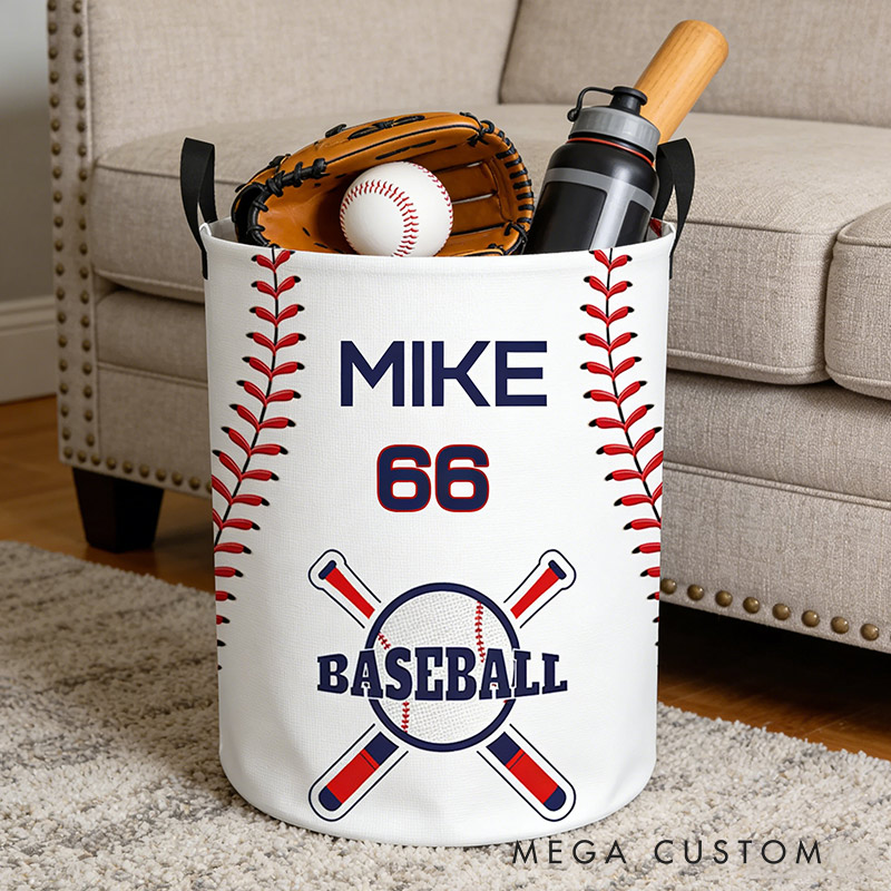 Personalized Baseball Laundry Basket Baseball Pattern Printed with Custom Name and Number