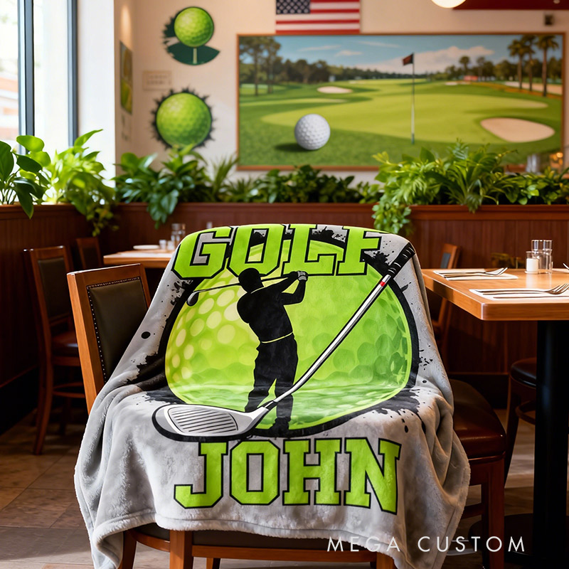 Personalized Golf Blanket with Golf Clubs and Ball Custom Name Gift for Him