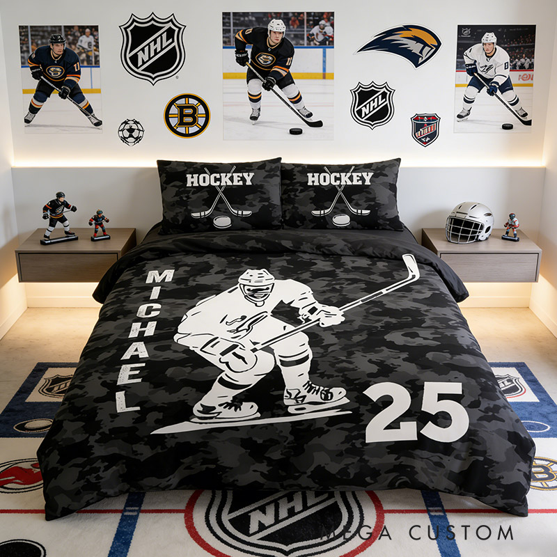 Personalized Hockey Player Bedding Set with Custom Name and Number Hockey Lovers Gift for Him