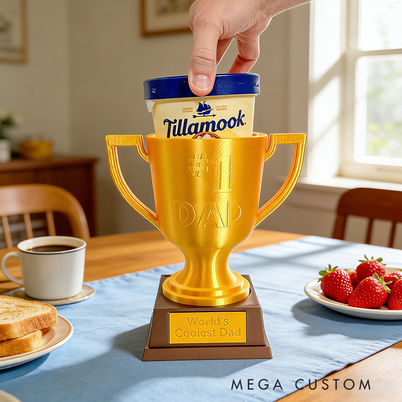 Personalized Champs Trophy Ice Cream Pint Holder Sports Golden Trophy with Custom Text and Number Gift for Dad