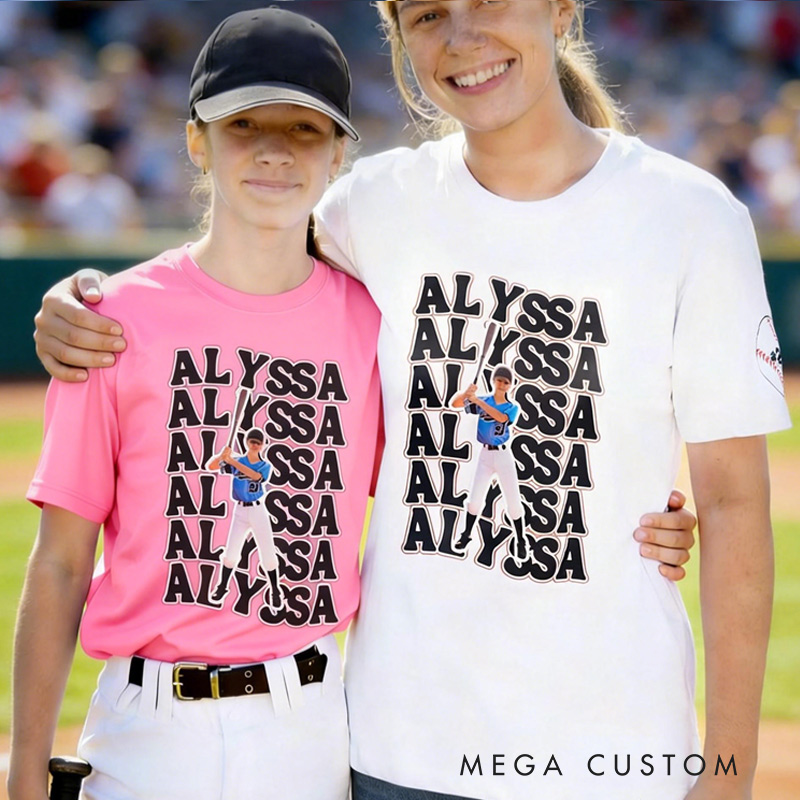 Personalized Funny Photo Baseball Football Kid Adult T-shirt with Name and Number Birthday Sports Game Day Gift for Sports Lovers