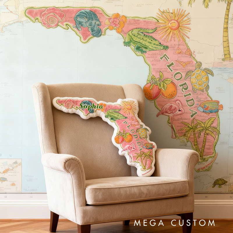 Personalized Florida Travel Pillow Graphic 3D Print Cute Preppy Pink Florida and Custom Name Pillow for Travel Lovers