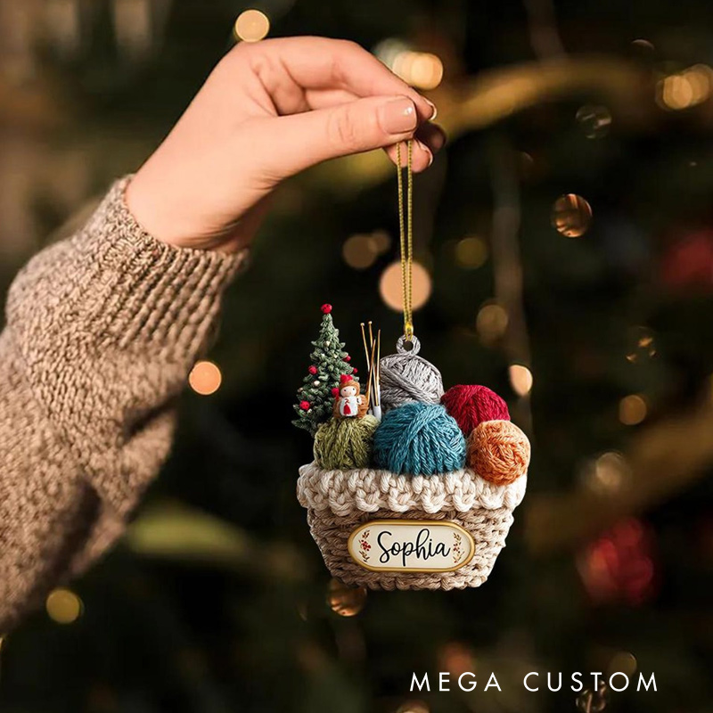 Personalized Knitting Basket Christmas Ornament 2D Flat Acrylic Yarn Decor for Knitters Crochet Lover Holiday Gift