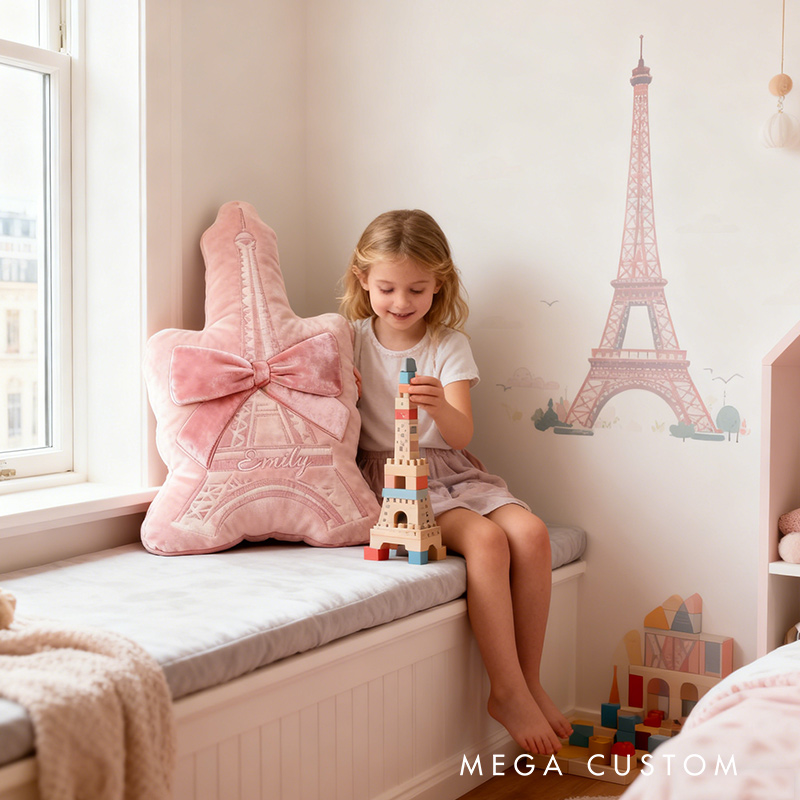 Personalized Paris Travel Pillow Graphic 3D Print Pink Eiffel Tower and Custom Name Pillow for Travel Lovers