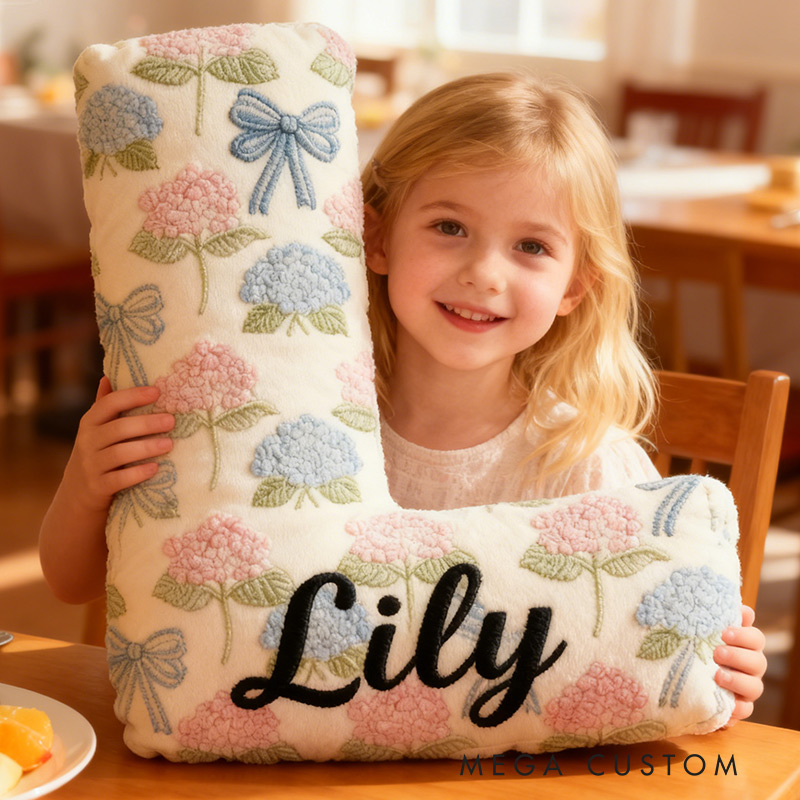 Personalized Hydrangea Letter Letter Pillow Graphic 3D Print Bow and Hydrangea Custom Name Pillow for Gardening Lovers