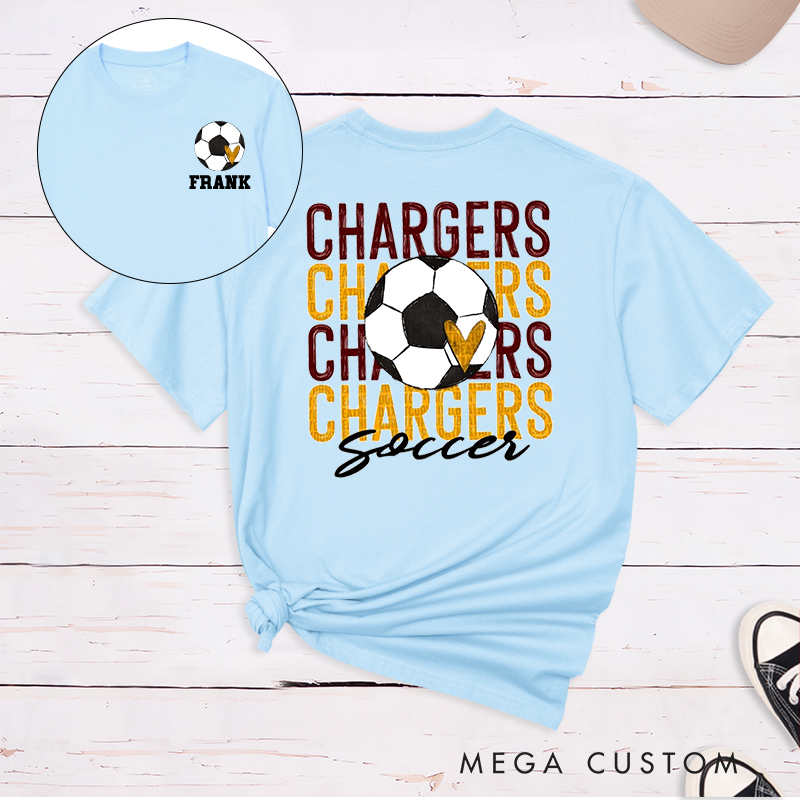 Personalized Soccer T-Shirt with Team Name Repeat Design and Custom Name & Number