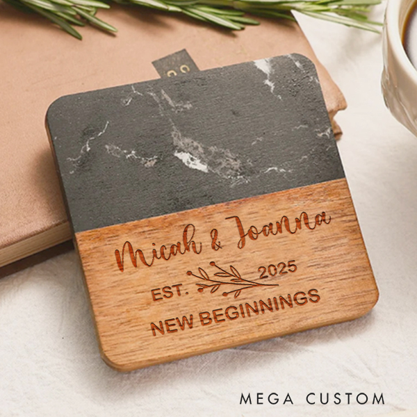 Personalized Coasters Elegant New Beginnings Coaster Custom Marble and Wood Coaster Wedding Housewarming Gift New Home Gift for Couple 2025
