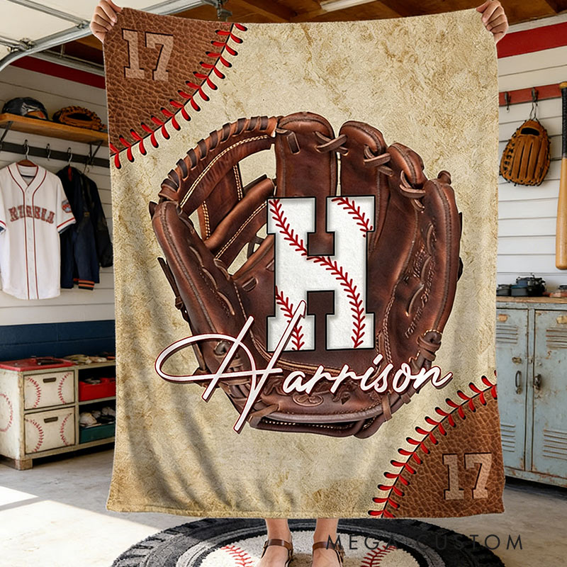 Personalized Baseball Lover’s Throw Blanket with Baseball Glove Design with Initials Name and Number Gift for Baseball Enthusiasts