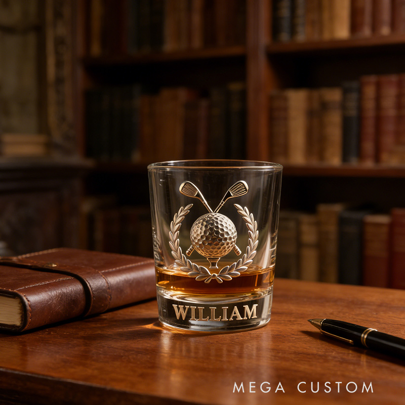 Personalized Golf Whiskey Glass 2D Metallic Style Print with Custom Name for Golf Lovers