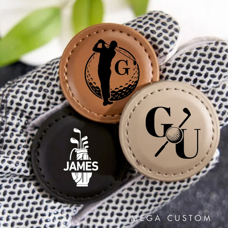 Personalized Golf Silhouette Monogram PU Leather Magnetic Golf Ball Marker with Initial and Name Birthday Father's Day Gift for Golf Lovers