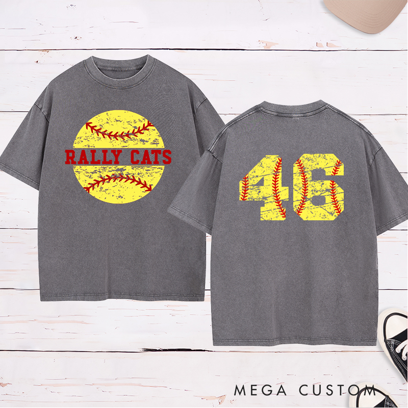 Personalized Softball Washed T-Shirt Design Featuring Custom Team Name Distressed Softball Graphic and Bold Jersey Number on the Back