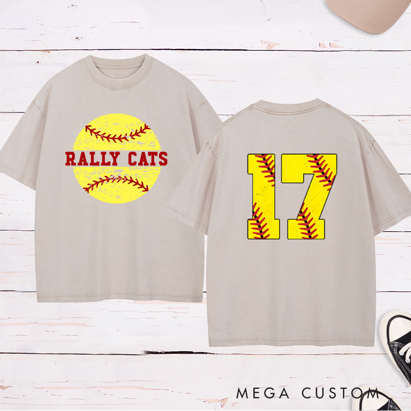 Personalized Softball Washed T-Shirt Design Featuring Distressed Player Number with Bold Softball Stitching Graphics