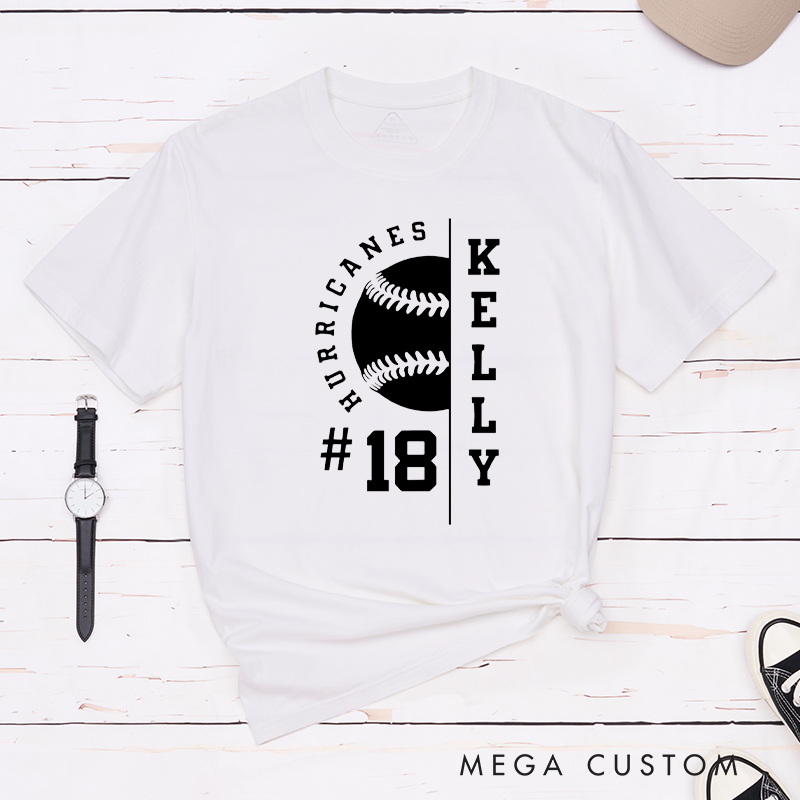 Personalized Baseball T-Shirt with Half Baseball Graphic and Custom Name and Number