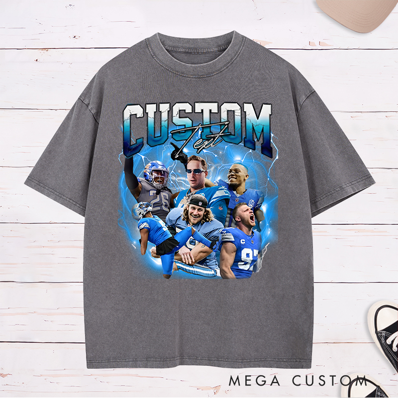 Personalized Lightning Themed Athlete Graphic Washed T-Shirt with Custom Photos and Text
