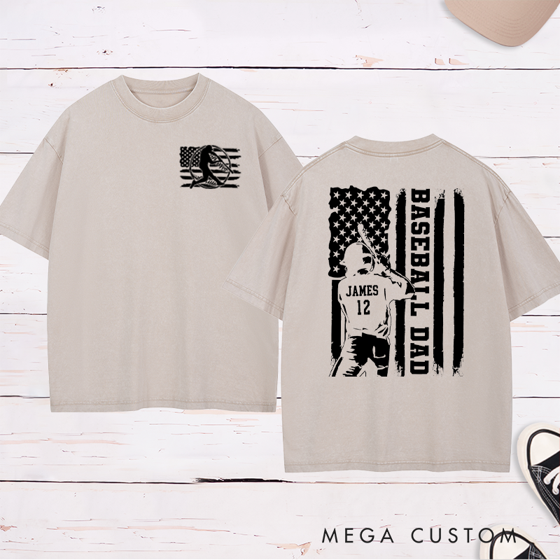 Personalized Baseball Dad Washed T-Shirt with Patriotic Flag and Custom Name and Number