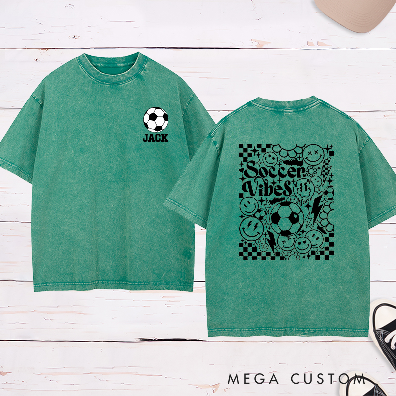 Personalized Soccer Washed T-Shirt with Custom Name and Bold Checkerboard Accents