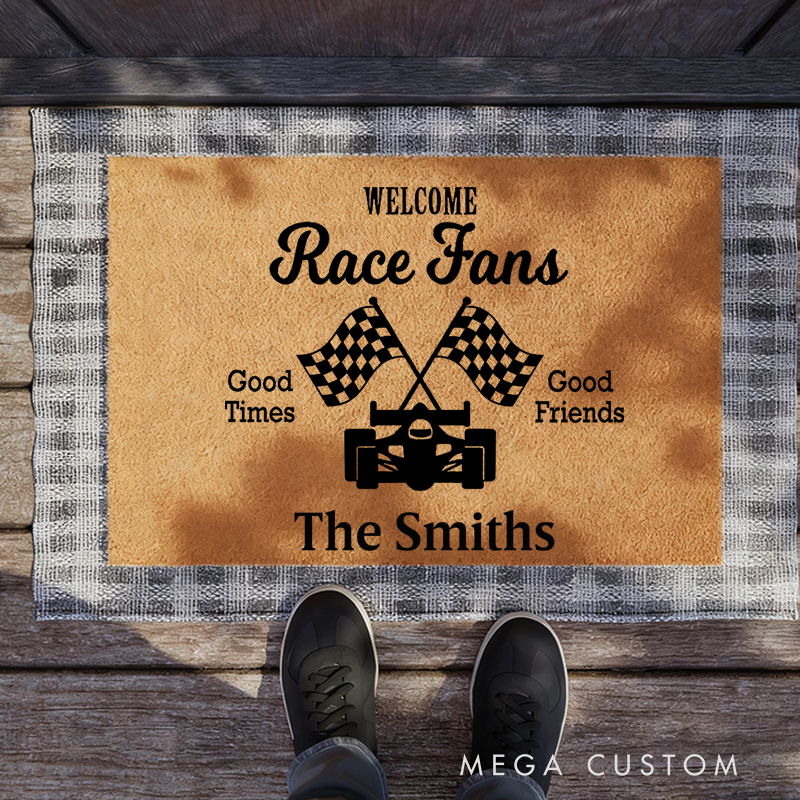 Personalized Racing Door Mat Custom Name Good Times Good Friends Welcome Mat for Race Car Lovers and Motorsport Families