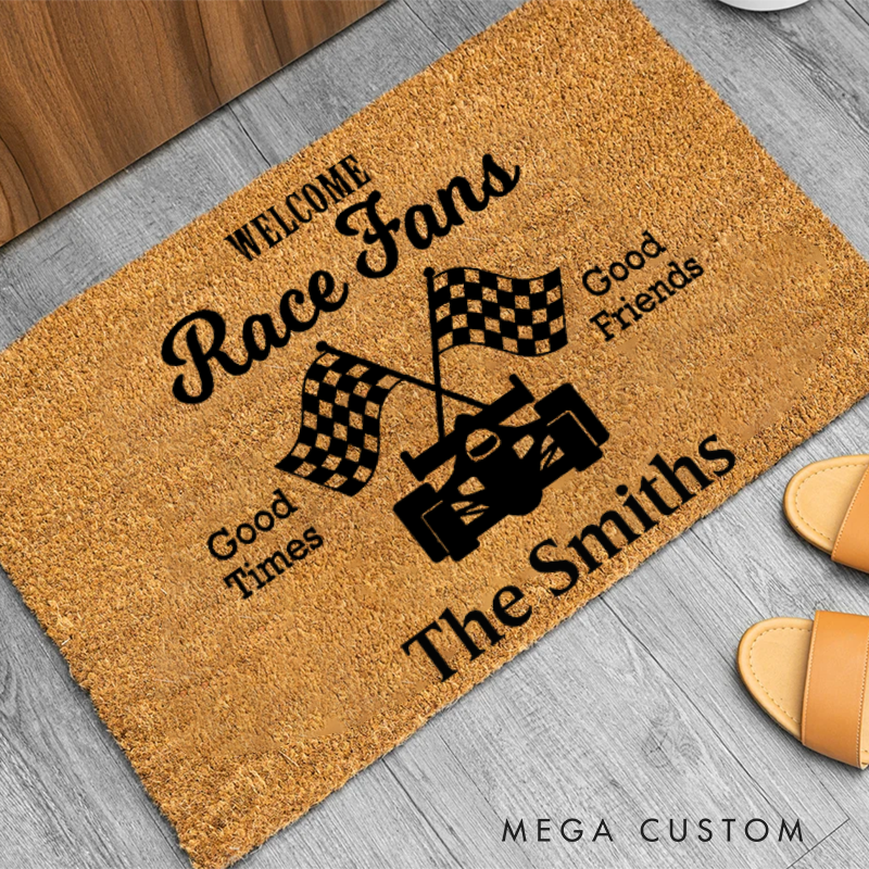 Personalized Racing Door Mat Custom Name Good Times Good Friends Welcome Mat for Race Car Lovers and Motorsport Families