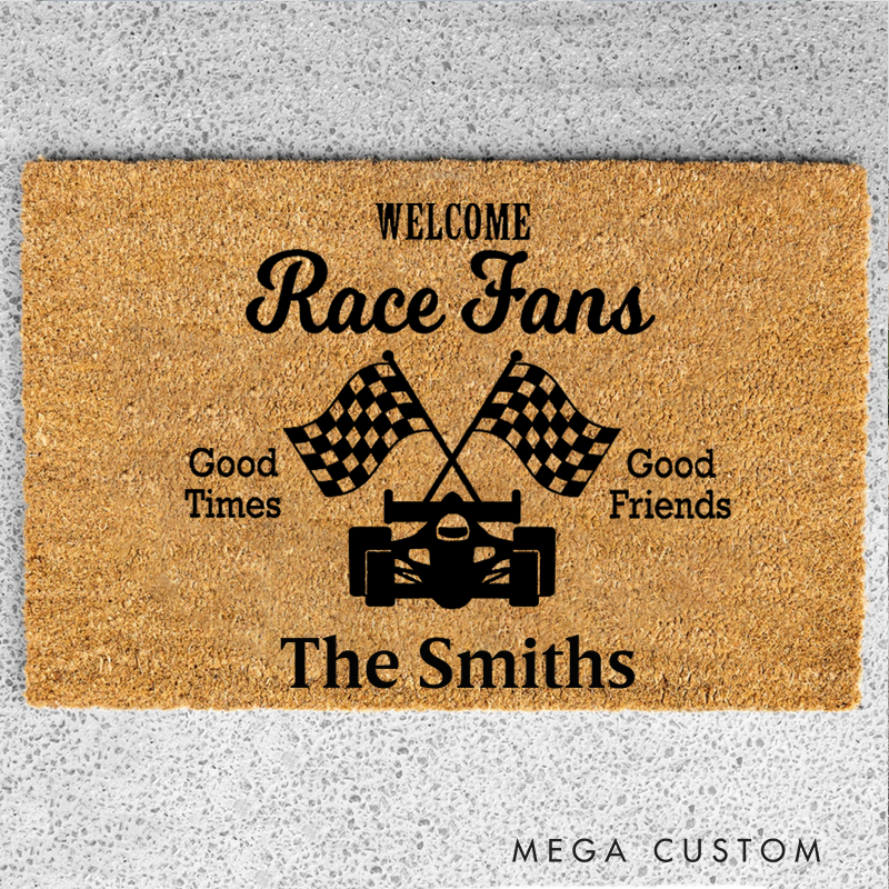Personalized Racing Door Mat Custom Name Good Times Good Friends Welcome Mat for Race Car Lovers and Motorsport Families