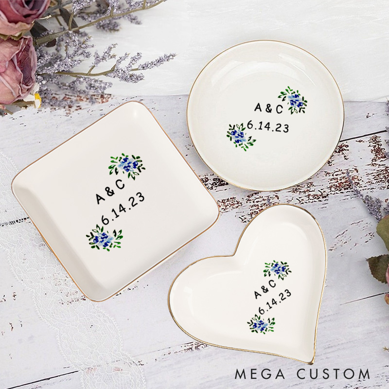 Personalized Blue Floral Wedding Monogram with Initials and Date Wedding Engagement Gold-Trimmed Ring Dishes