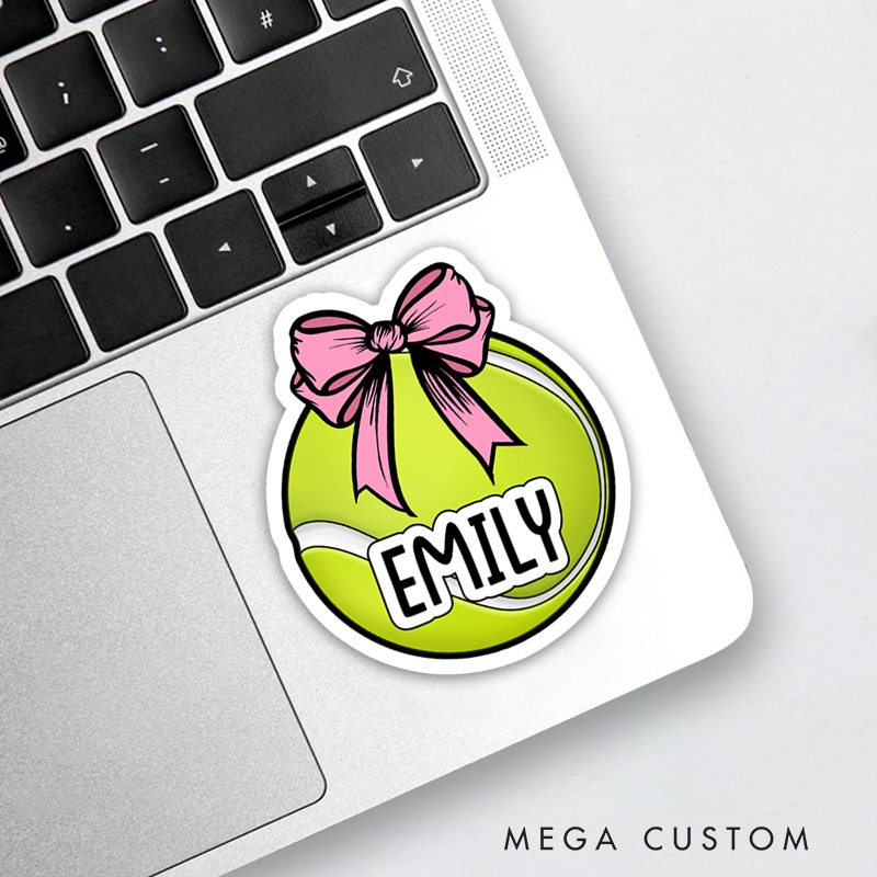 Personalized Tennis Ball Sticker Cute Pink Bow with Custom Name  