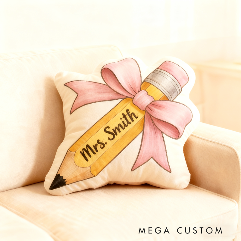 Personalized Bow Pencil Shaped Teacher Pillow Custom Name Cushion Gift for Educators and Teachers