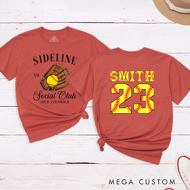 Personalized Softball Sideline Social Club T-Shirt with Custom Name and Number Perfect Gift for Proud Fans Supporters and Players