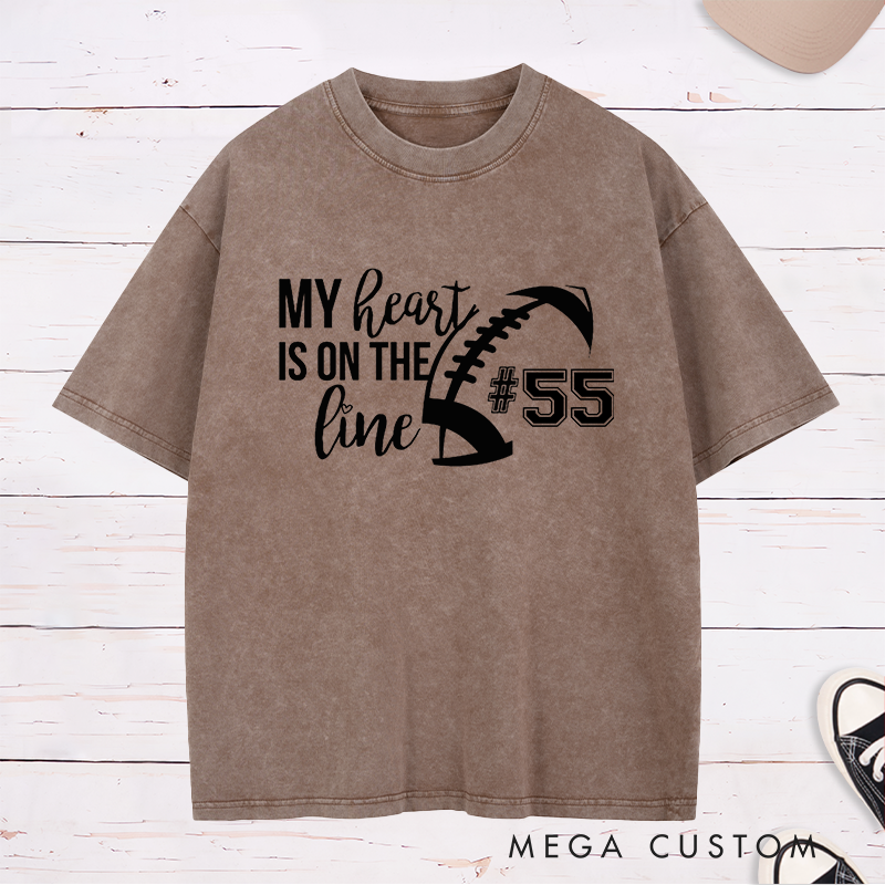 Personalized American Football and Rugby Washed T-Shirts for "My Heart is on the Line" with Custom Jersey Number