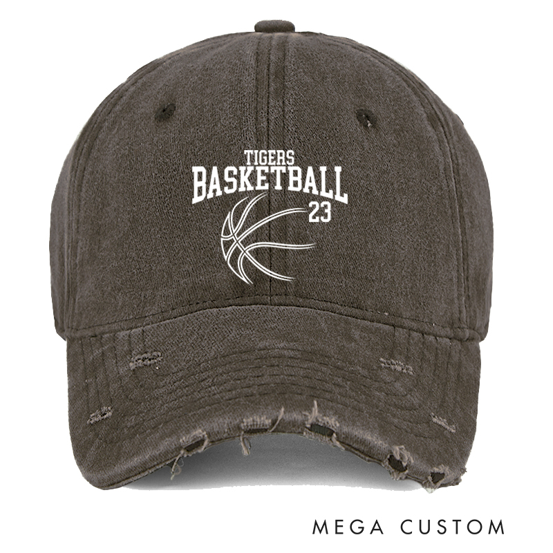 Personalized Distressed Basketball Cap with Custom Team Name and Player Number Design
