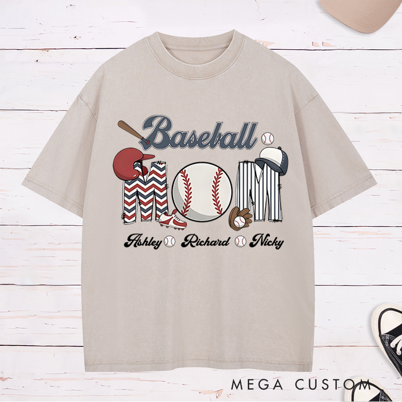 Personalized Baseball Mom Washed T-Shirt with Custom Names and Fun Sports-Themed Design