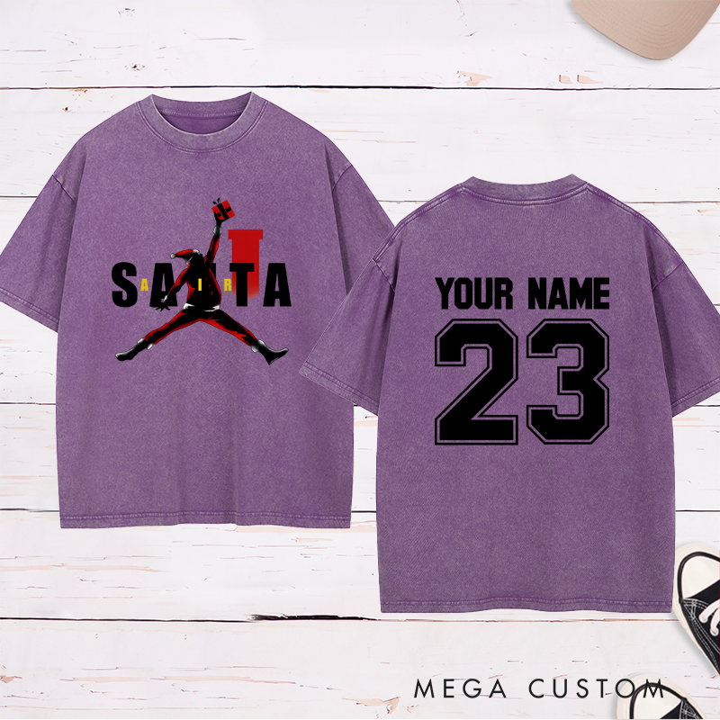 Personalized Santa Basketball Washed T-Shirt with Custom Name Number and Unique Festive Holiday Design