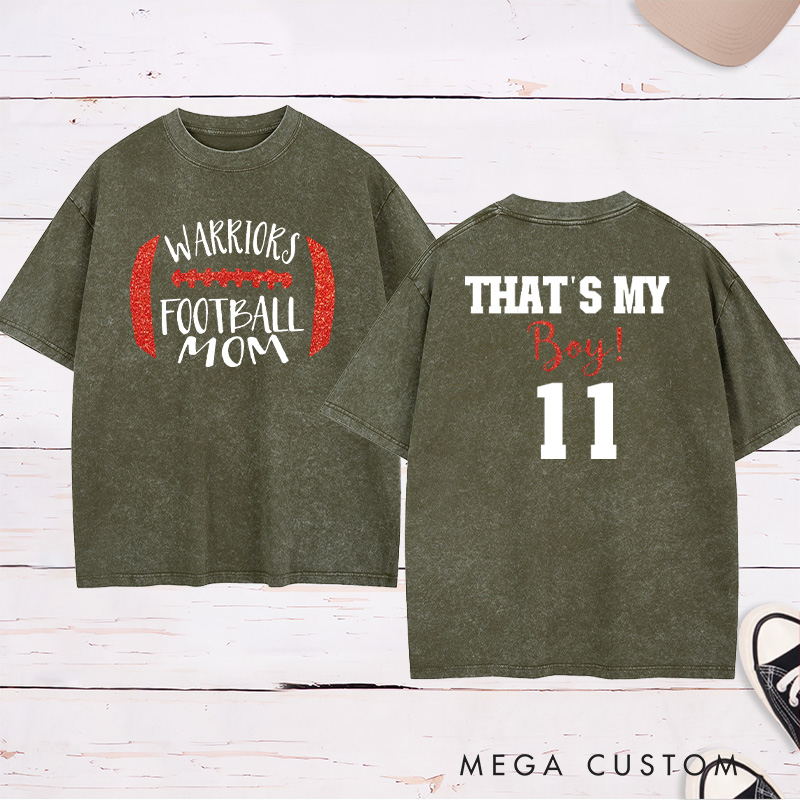 Personalized American Football Washed T-Shirts for "That's My Boy" with Custom Team Name and Number
