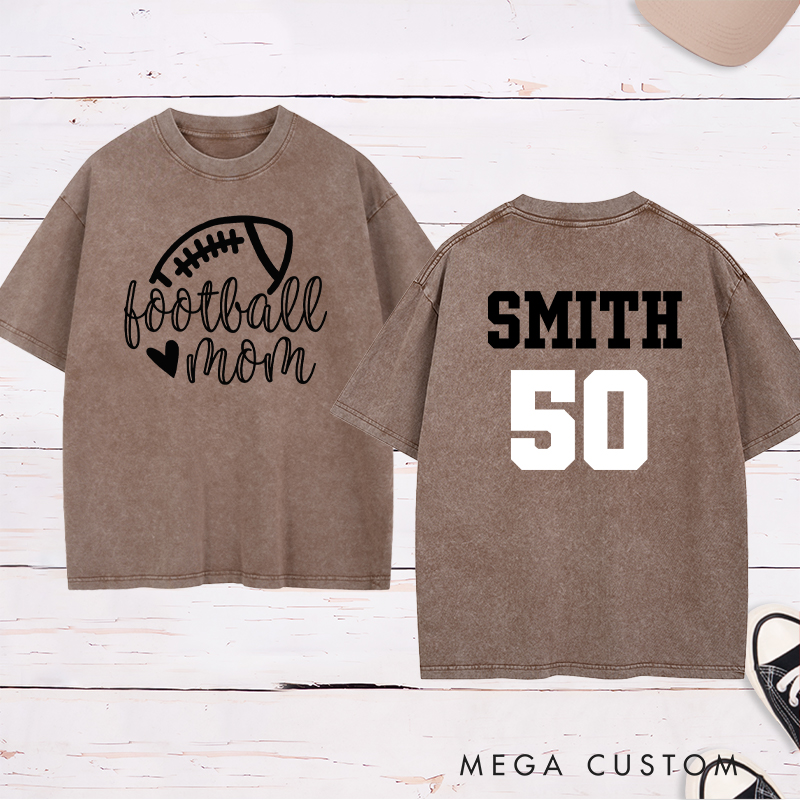 Personalized American Football Mom Washed T-Shirts Featuring Custom Name and Number