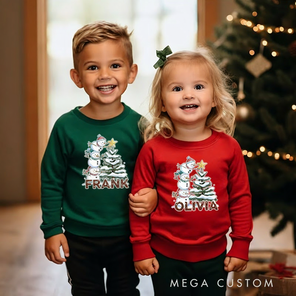 Personalized Kids Sweatshirt and Holiday Pullover with Snowman and Christmas Tree Design Featuring Festive Holiday Elements for a Merry Winter Look