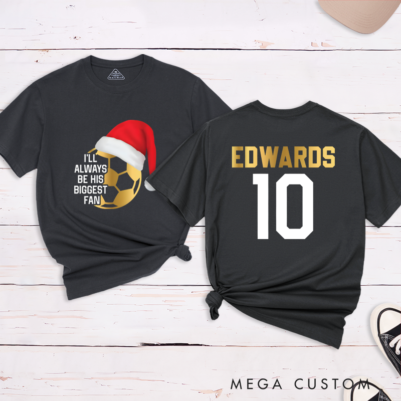 Personalized Christmas Soccer Fan T-Shirt with Custom Name and Number Design