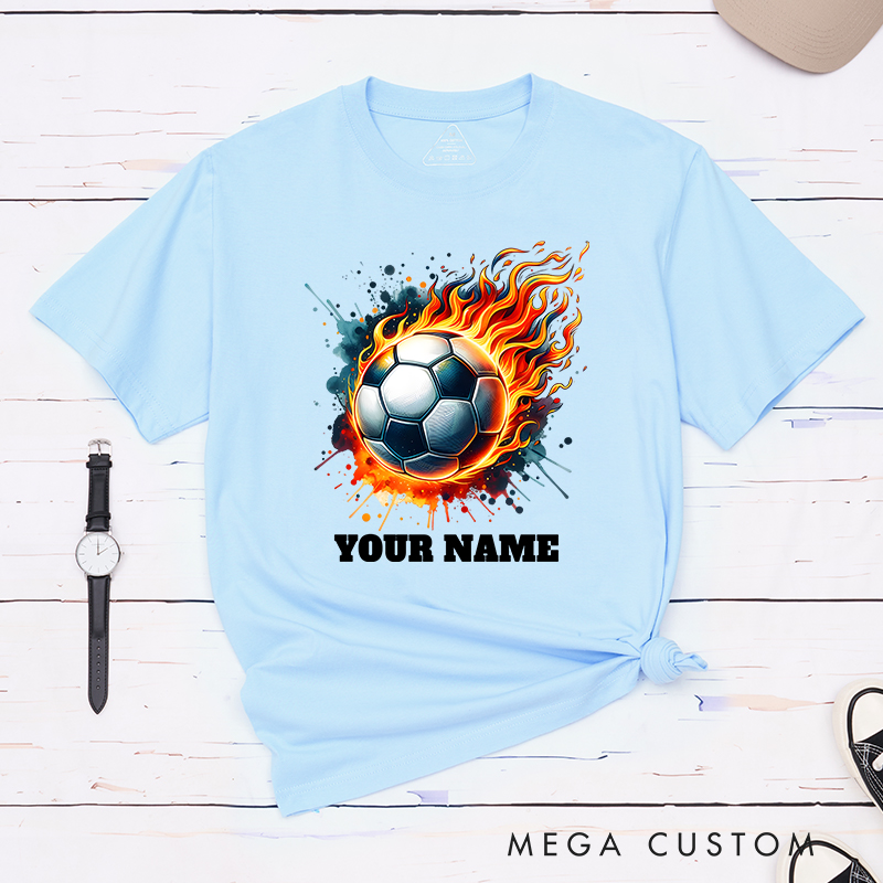 Personalized Flaming Soccer Ball T-Shirt with Custom Name  