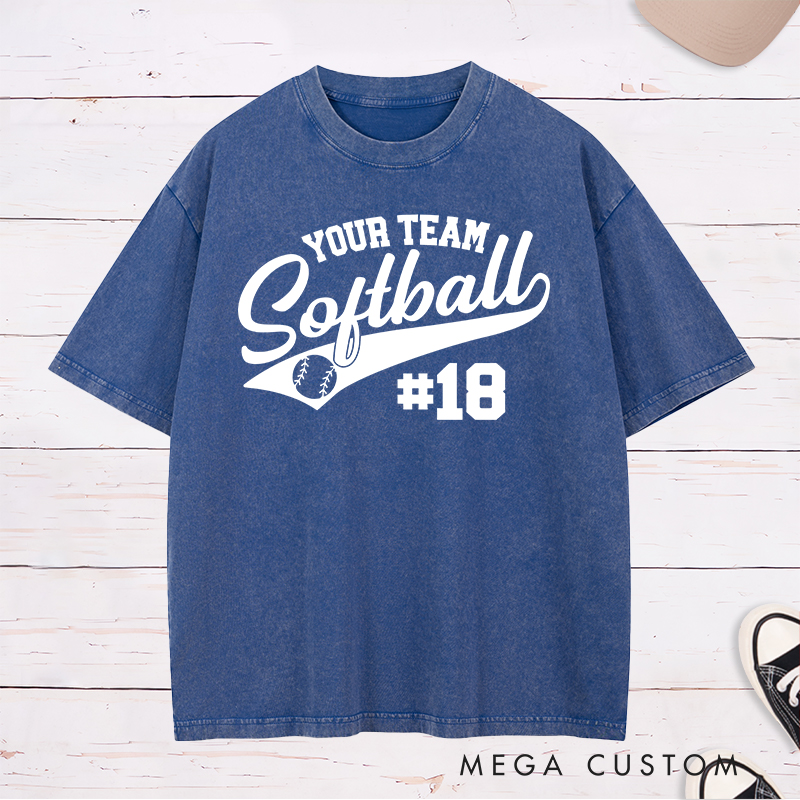 Personalized Softball Team Washed T-Shirt Design Featuring Customizable Team Name Elegant Script Softball Text Dynamic Swoosh Element Baseball Graphic and Custom Player Number