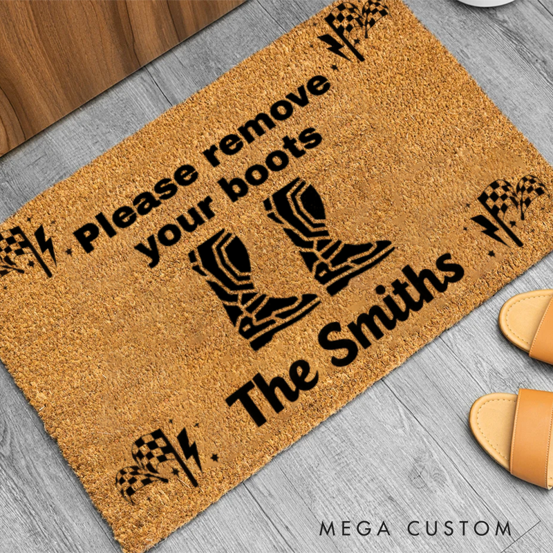 Personalized Racing Door Mat Custom Please Remove Your Boots Welcome Mat for Race Car Lovers and Motorsport Families