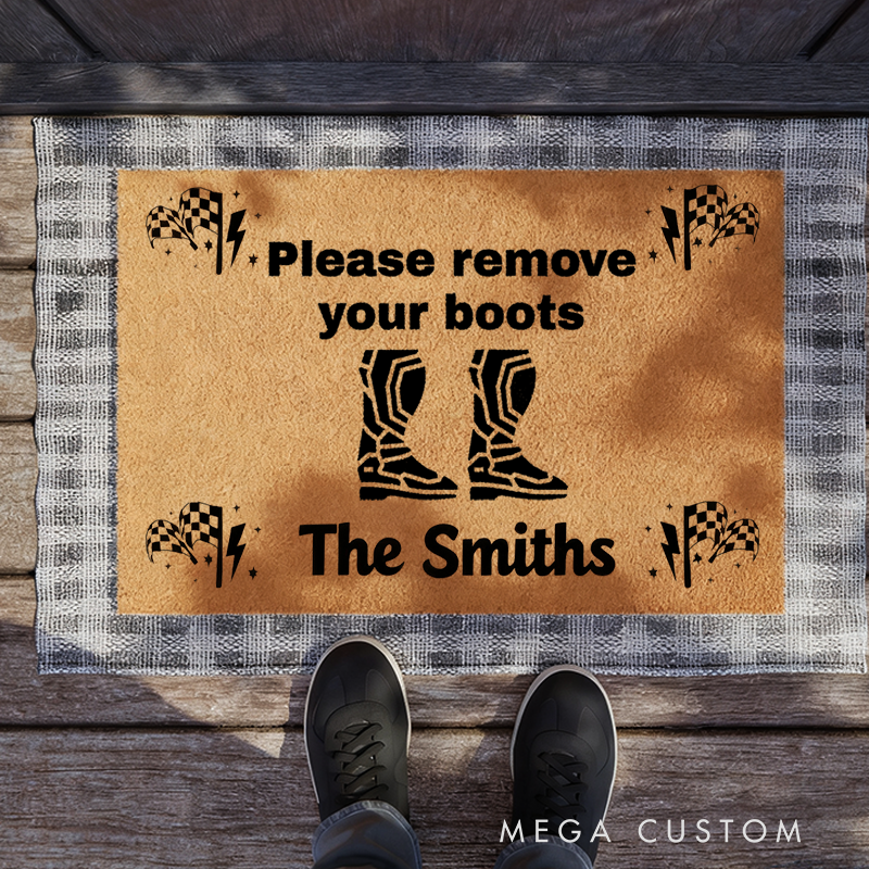 Personalized Racing Door Mat Custom Please Remove Your Boots Welcome Mat for Race Car Lovers and Motorsport Families