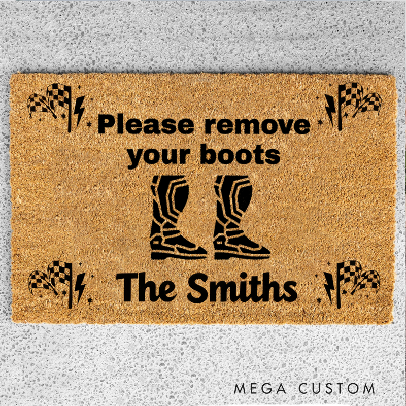 Personalized Racing Door Mat Custom Please Remove Your Boots Welcome Mat for Race Car Lovers and Motorsport Families