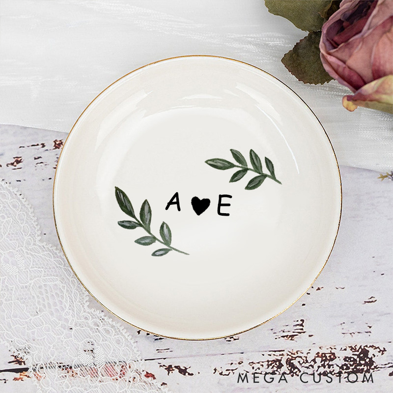 Personalized Simple Watercolor Oliver with Initials and Heart Wedding Engagement Gold-Trimmed Ring Dishes