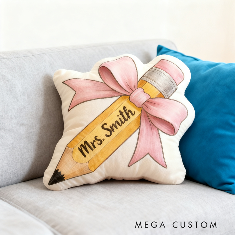 Personalized Bow Pencil Shaped Teacher Pillow Custom Name Cushion Gift for Educators and Teachers
