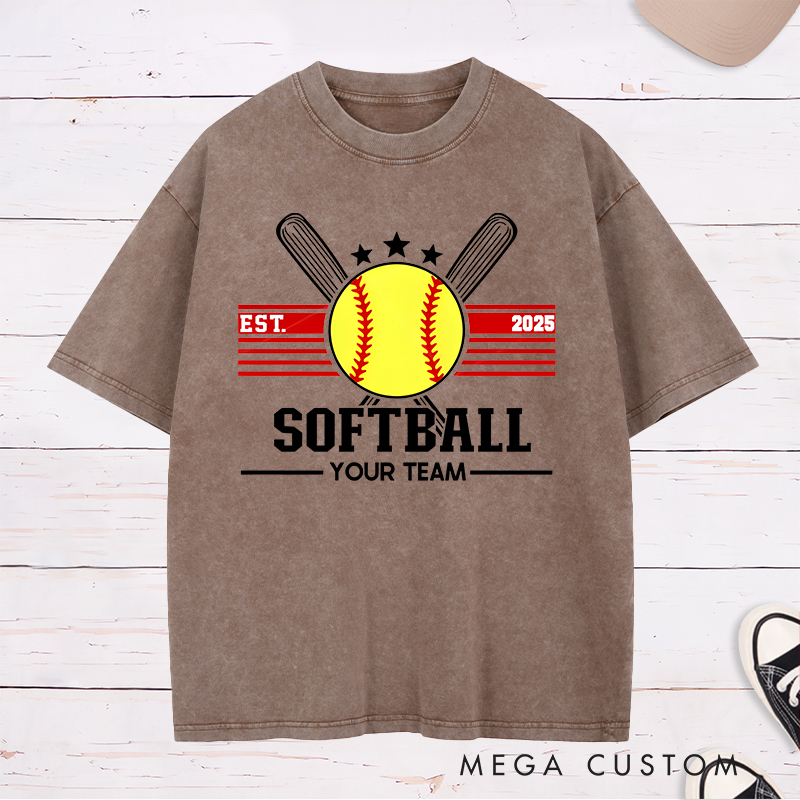 Personalized Softball Washed T-Shirt Team Logo Design Featuring a Customizable Year Team Name Bold Graphics and Classic Sports Elements