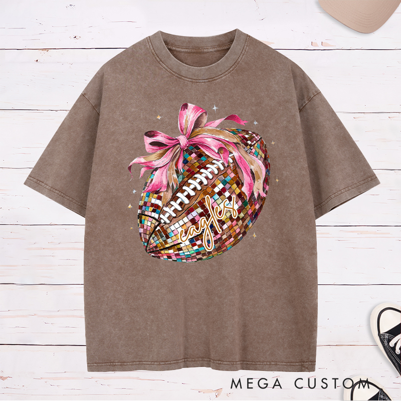 Personalized American Football and Rugby Pink Disco Washed T-Shirts with Custom Name,Cute Girly Football Gift for Women