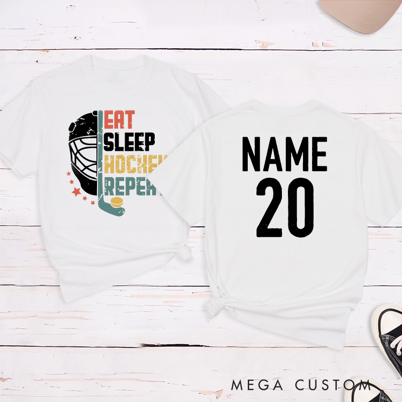 Personalized "Eat, Sleep, Hockey, Repeat" T-Shirt with Custom Name and Number